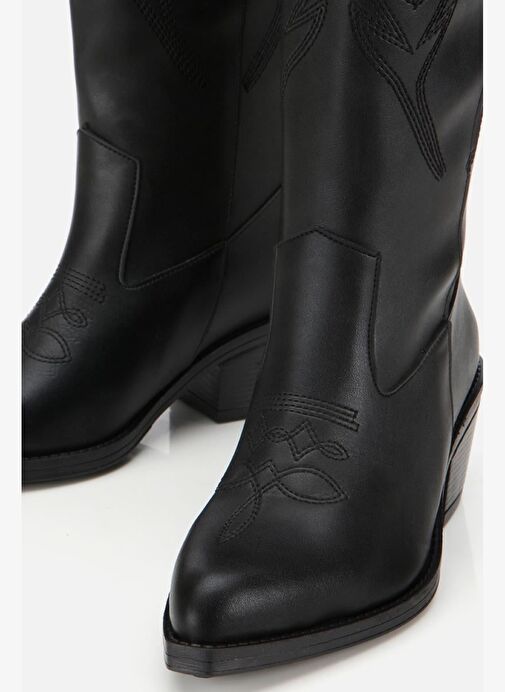 Kadın Siyah İşlemeli Kalın Topuklu Çizme - Görsel 6