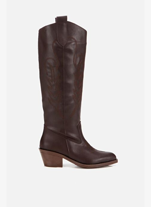 Kadın Kahverengi İşlemeli Kalın Topuklu Çizme - Görsel 2