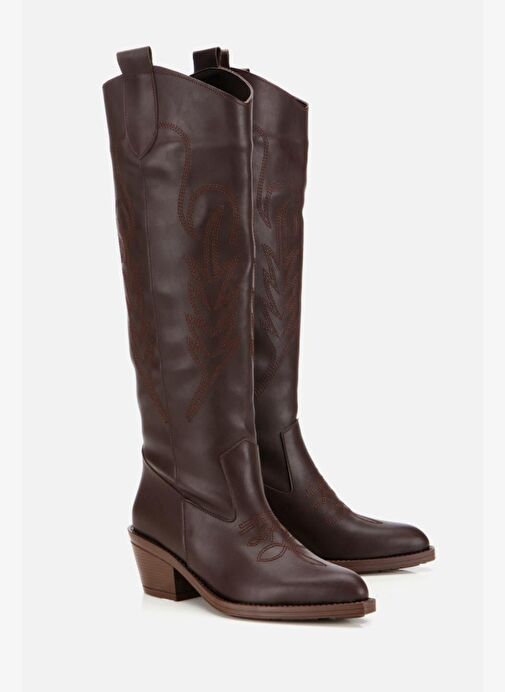 Kadın Kahverengi İşlemeli Kalın Topuklu Çizme - Görsel 3