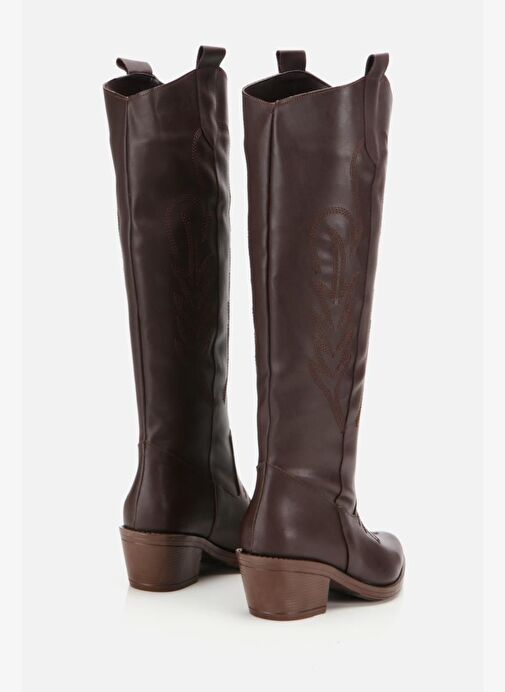 Kadın Kahverengi İşlemeli Kalın Topuklu Çizme - Görsel 4