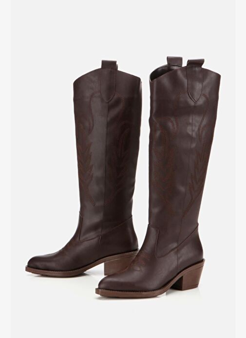 Kadın Kahverengi İşlemeli Kalın Topuklu Çizme - Görsel 5