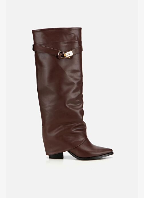 Kadın Kahverengi Tokalı Diz Altı Kalın Topuklu Çizme - Görsel 2
