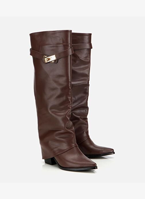 Kadın Kahverengi Tokalı Diz Altı Kalın Topuklu Çizme - Görsel 3