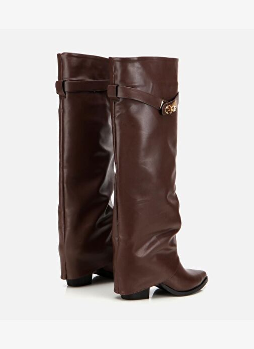 Kadın Kahverengi Tokalı Diz Altı Kalın Topuklu Çizme - Görsel 4