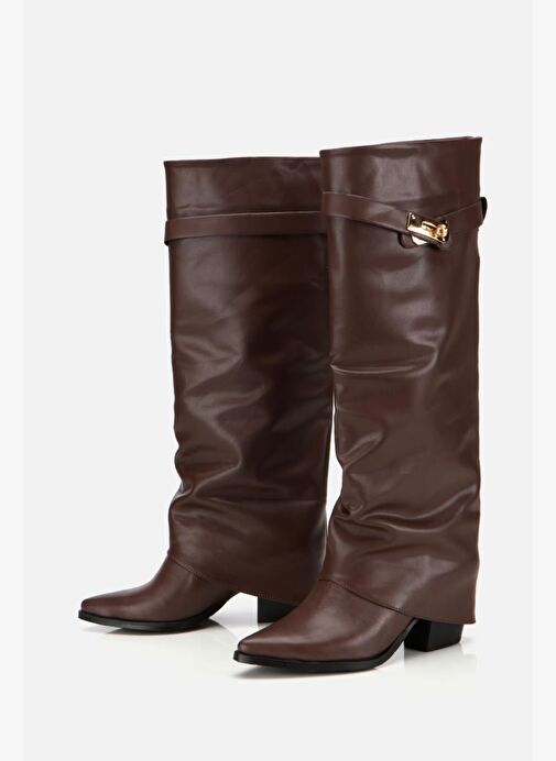 Kadın Kahverengi Tokalı Diz Altı Kalın Topuklu Çizme - Görsel 5