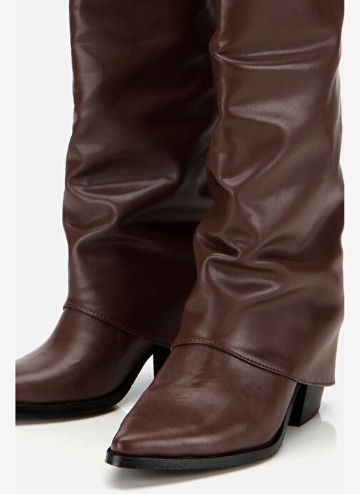 Kadın Kahverengi Tokalı Diz Altı Kalın Topuklu Çizme - Görsel 6