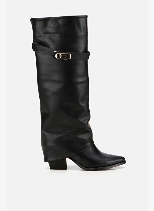 Kadın Siyah Tokalı Diz Altı Kalın Topuklu Çizme - Görsel 2