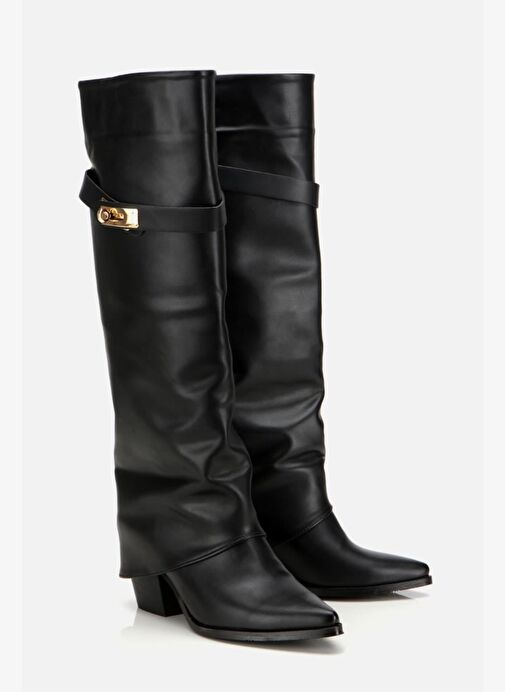 Kadın Siyah Tokalı Diz Altı Kalın Topuklu Çizme - Görsel 3