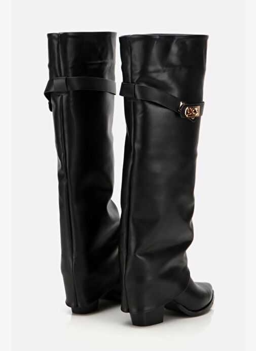 Kadın Siyah Tokalı Diz Altı Kalın Topuklu Çizme - Görsel 4