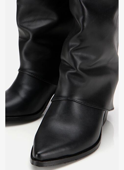 Kadın Siyah Tokalı Diz Altı Kalın Topuklu Çizme - Görsel 5