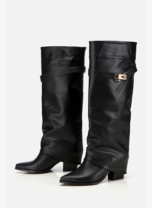 Kadın Siyah Tokalı Diz Altı Kalın Topuklu Çizme - Görsel 6