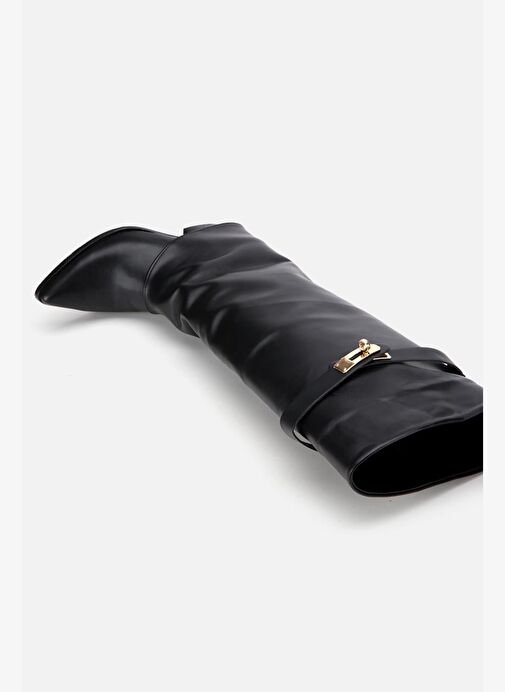 Kadın Siyah Tokalı Diz Altı Kalın Topuklu Çizme - Görsel 8