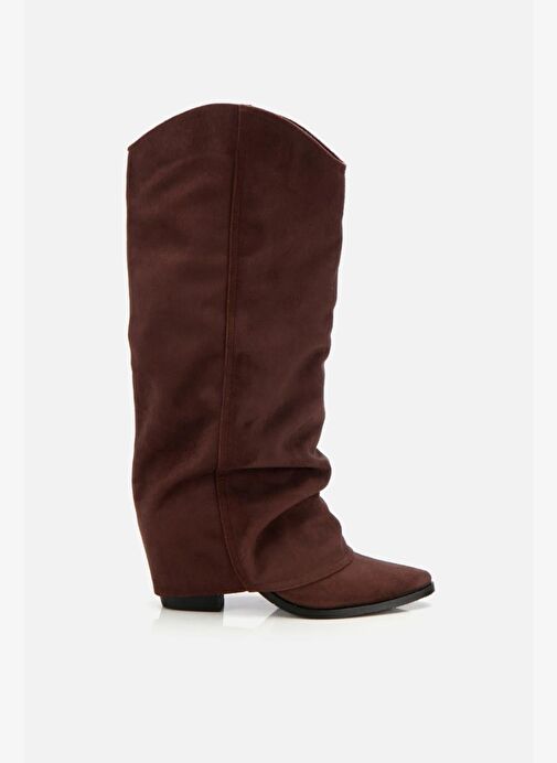 Kadın Süet Kahverengi Dikiş Detaylı Western Kalın Topuklu Çizme - Görsel 2