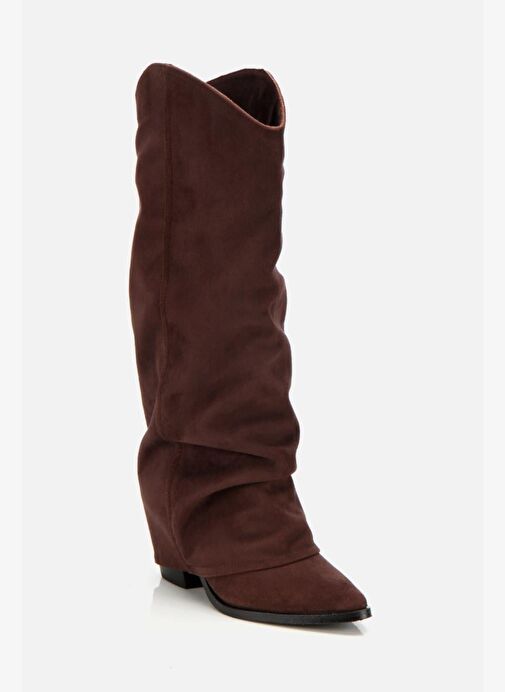 Kadın Süet Kahverengi Dikiş Detaylı Western Kalın Topuklu Çizme - Görsel 3