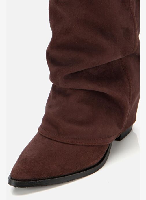 Kadın Süet Kahverengi Dikiş Detaylı Western Kalın Topuklu Çizme - Görsel 4