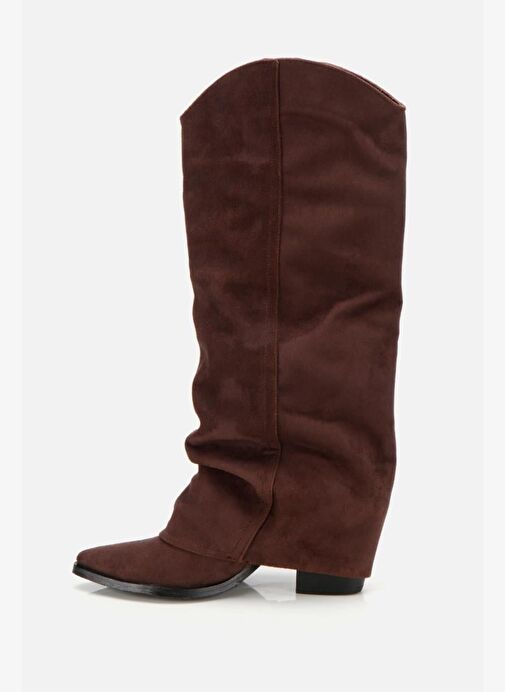 Kadın Süet Kahverengi Dikiş Detaylı Western Kalın Topuklu Çizme - Görsel 5