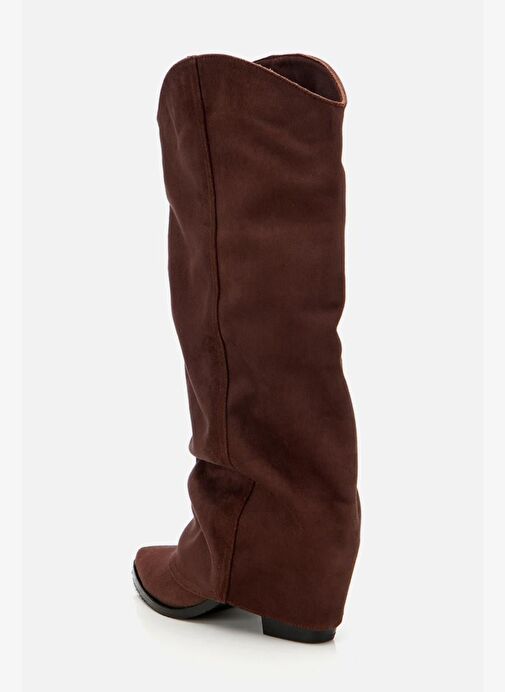 Kadın Süet Kahverengi Dikiş Detaylı Western Kalın Topuklu Çizme - Görsel 6