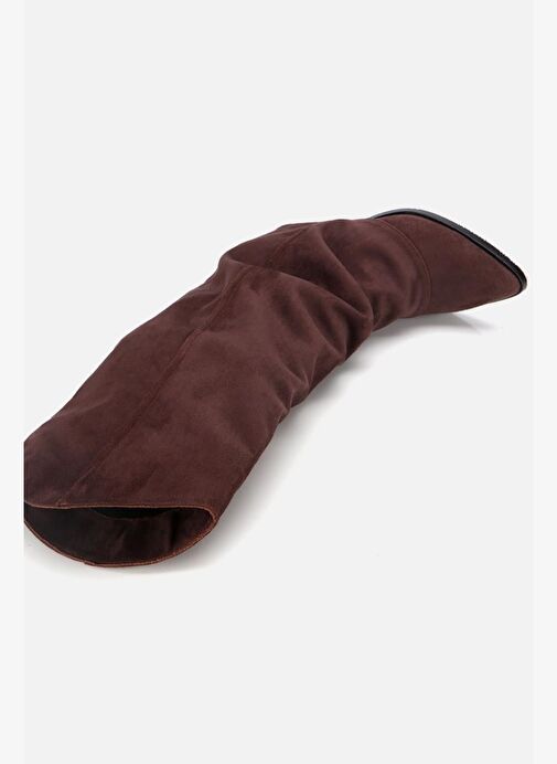 Kadın Süet Kahverengi Dikiş Detaylı Western Kalın Topuklu Çizme - Görsel 7