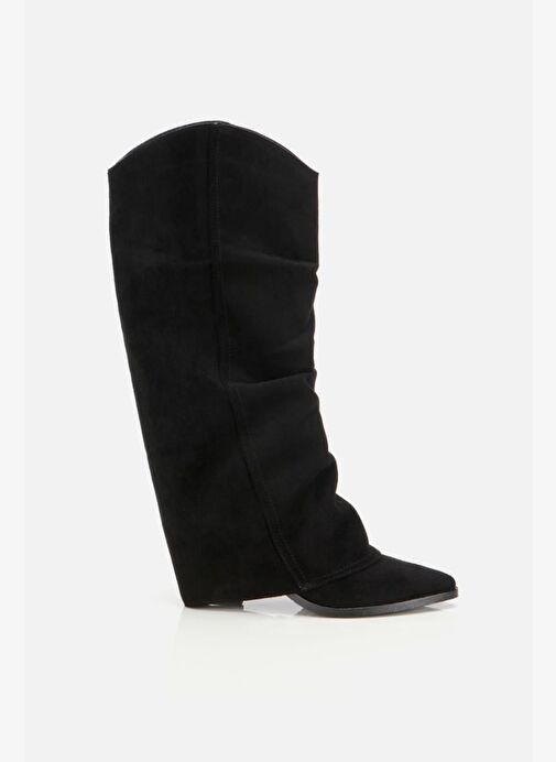 Kadın Süet Siyah Dikiş Detaylı Western Kalın Topuklu Çizme - Görsel 2