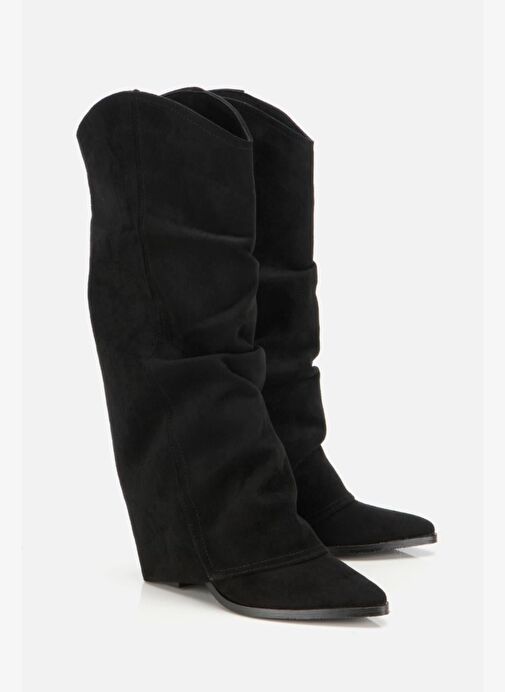 Kadın Süet Siyah Dikiş Detaylı Western Kalın Topuklu Çizme - Görsel 3