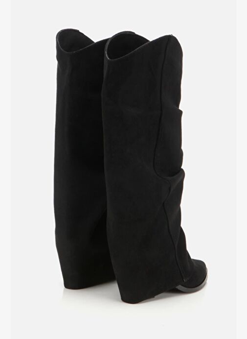 Kadın Süet Siyah Dikiş Detaylı Western Kalın Topuklu Çizme - Görsel 4