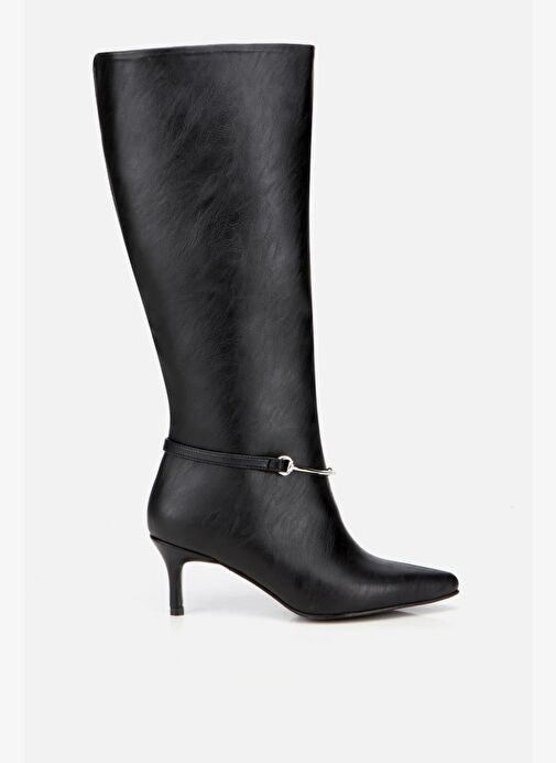 Kadın Siyah İnce Kemerli Tokalı Topuklu Çizme - Görsel 2