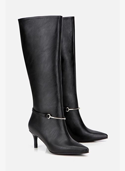 Kadın Siyah İnce Kemerli Tokalı Topuklu Çizme - Görsel 3