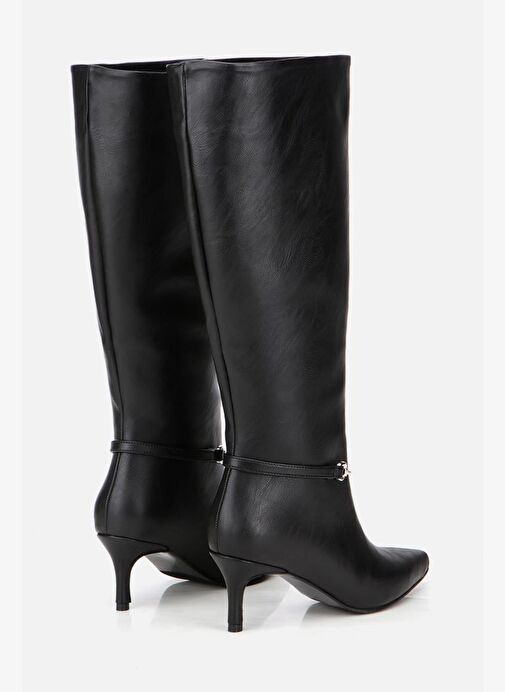 Kadın Siyah İnce Kemerli Tokalı Topuklu Çizme - Görsel 4