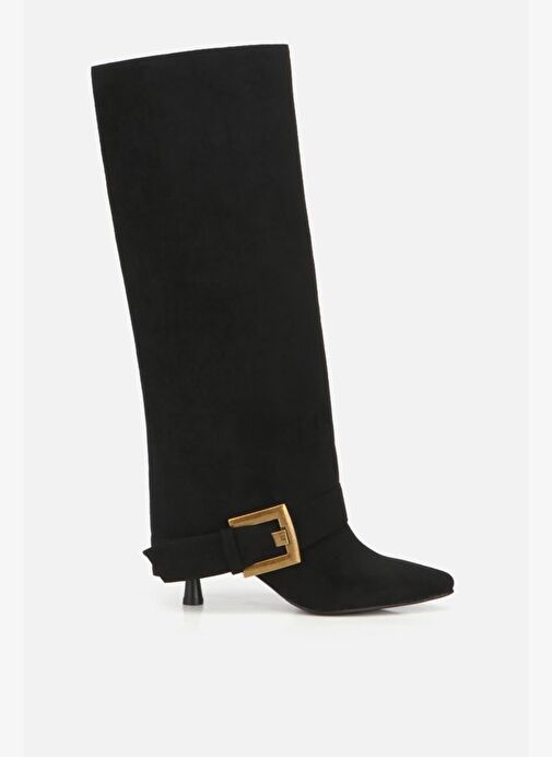 Kadın Süet Siyah Pantolon Görünümlü Tokalı Topuklu Çizme - Görsel 2