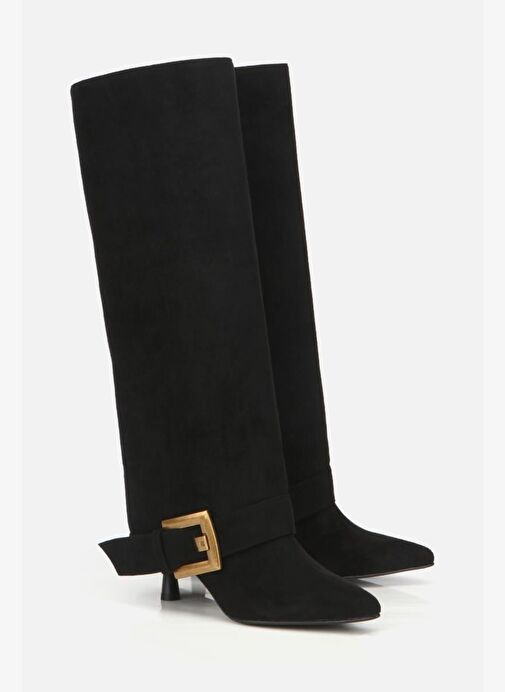 Kadın Süet Siyah Pantolon Görünümlü Tokalı Topuklu Çizme - Görsel 3