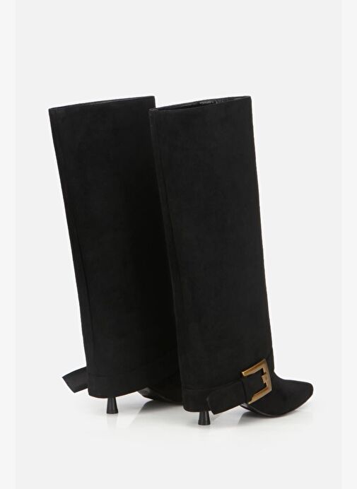Kadın Süet Siyah Pantolon Görünümlü Tokalı Topuklu Çizme - Görsel 4