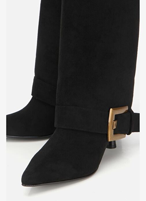 Kadın Süet Siyah Pantolon Görünümlü Tokalı Topuklu Çizme - Görsel 5