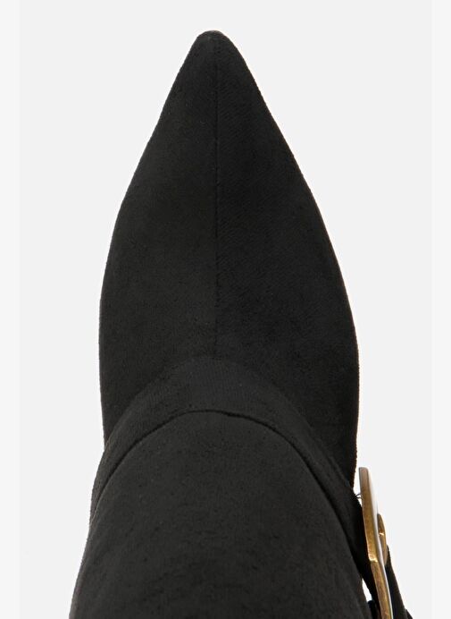 Kadın Süet Siyah Pantolon Görünümlü Tokalı Topuklu Çizme - Görsel 6