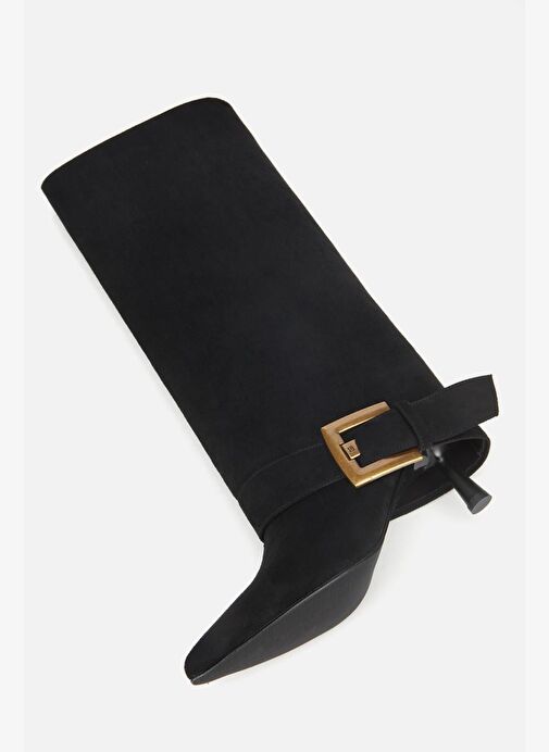 Kadın Süet Siyah Pantolon Görünümlü Tokalı Topuklu Çizme - Görsel 7