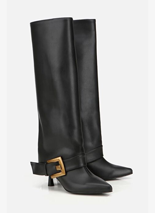 Kadın Siyah Pantolon Görünümlü Tokalı Topuklu Çizme - Görsel 3