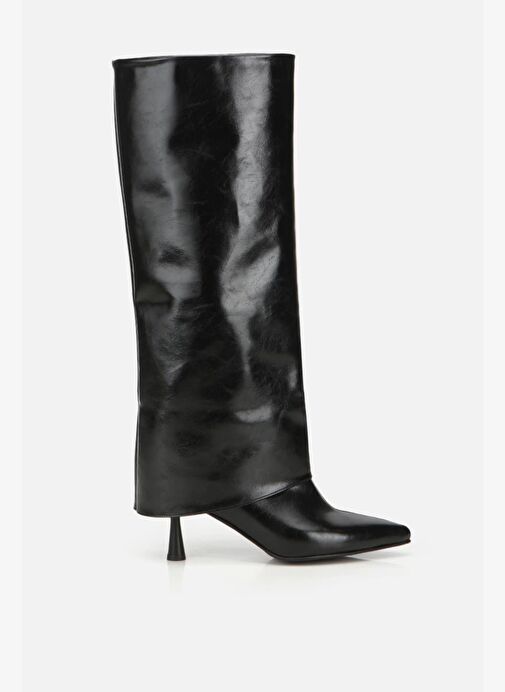 Kadın Rugan Siyah Kırışık Görünümlü Topuklu Çizme - Görsel 2