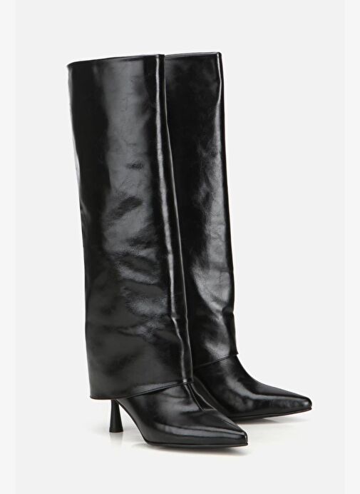 Kadın Rugan Siyah Kırışık Görünümlü Topuklu Çizme - Görsel 3