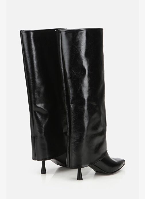 Kadın Rugan Siyah Kırışık Görünümlü Topuklu Çizme - Görsel 4