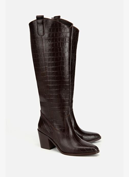 Kadın Kahverengi Kroko Desenli Kovboy Topuklu Çizme - Görsel 3