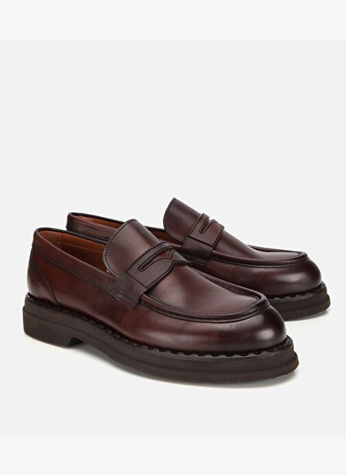 Erkek Deri Kahverengi Dikiş Detaylı Kalın Tabanlı Klasik Loafer 02AYH313910A480 - Görsel 3