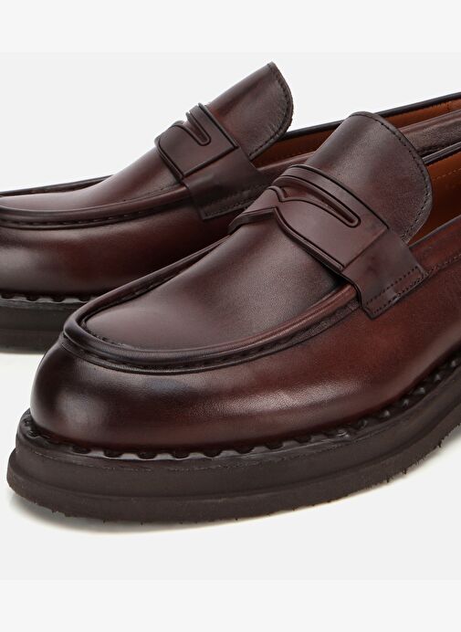 Erkek Deri Kahverengi Dikiş Detaylı Kalın Tabanlı Klasik Loafer 02AYH313910A480 - Görsel 4