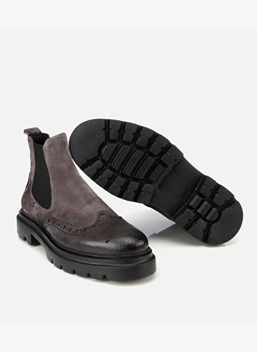 Erkek Süet Deri Gri Lastik Detaylı İşlemeli Chelsea Bot 02BOH311910A250 - Görsel 7