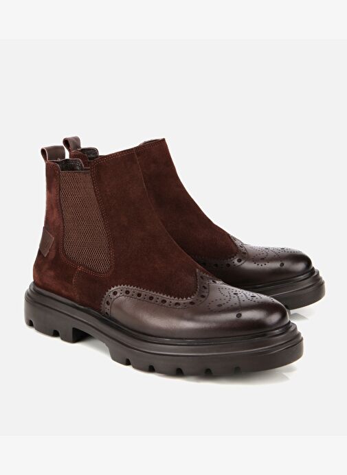Erkek Süet Deri Kahverengi Lastik Detaylı İşlemeli Chelsea Bot 02BOH311910A480 - Görsel 3