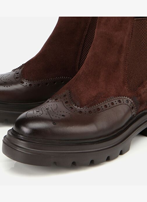 Erkek Süet Deri Kahverengi Lastik Detaylı İşlemeli Chelsea Bot 02BOH311910A480 - Görsel 4