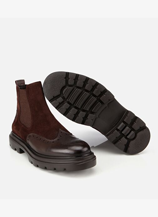 Erkek Süet Deri Kahverengi Lastik Detaylı İşlemeli Chelsea Bot 02BOH311910A480 - Görsel 7