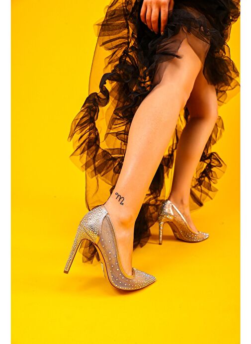 Nevesta Kadın Abiye Topuklu Ayakkabı Dore Taşlı - Görsel 5