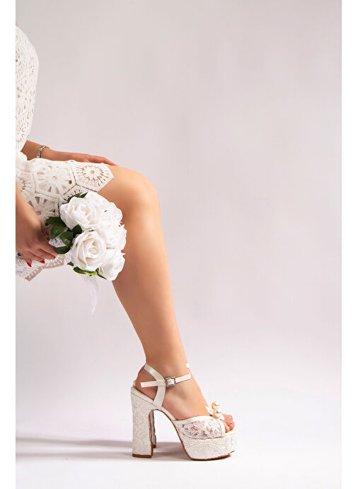 Lolita Kadın Platform Topuklu Gelinlik Ayakkabı Beyaz Dantel - Görsel 7