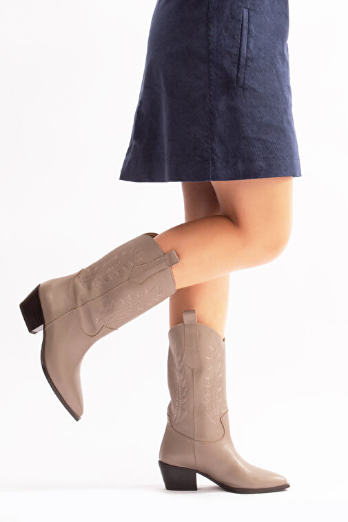 Avlonya Gerçek Deri Kadın Western Çizme Vizon - Görsel 2