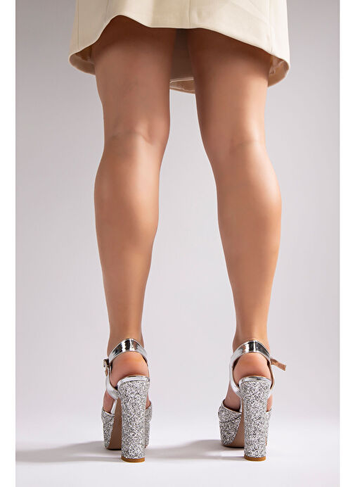 Cindirella Kadın Abiye Platform Topuklu Ayakkabı Gümüş Payetli - Görsel 7
