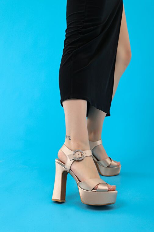 Jasmine Kadın Platform Topuklu Ayakkabı Bej Saten - Görsel 4